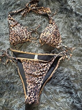 Leopard Print Ring-Detail Bikini Set - Brown